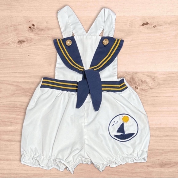 White & Navy Sailor Skipper One Piece Overalls Gold Button Romper Baby Outfit - Picture 1 of 8